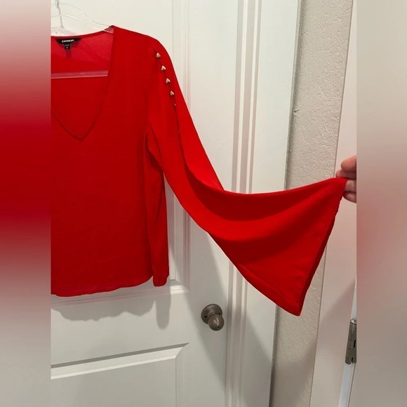 Gently worn Express red long-sleeve blouse with cut-out buttoned sleeves - Picture 6 of 12